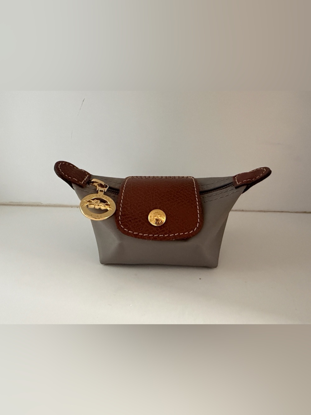 Longchamp Brown Leather-Trim Coin Pouch with Gold Hardware